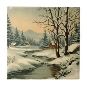 Carreau Village de montagne d'hiver près du ruisseau