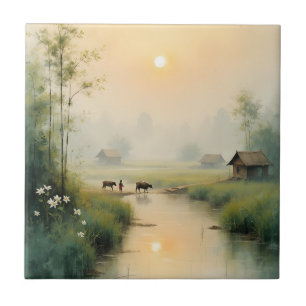 Carreau Village vietnamien sous la brume matinale, art à l