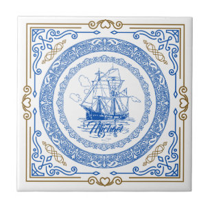 Carreau Vintage antique paquebot royal bleu frontière déco