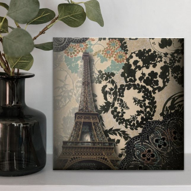 Carreau vintage de paris beiffroi (bohemian black floral vintage paris eiffel tower ceramic tile)