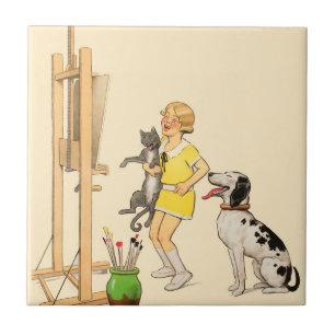 Carreau Vintage Fille Amusante, Chat de Chien Imprimer Geo
