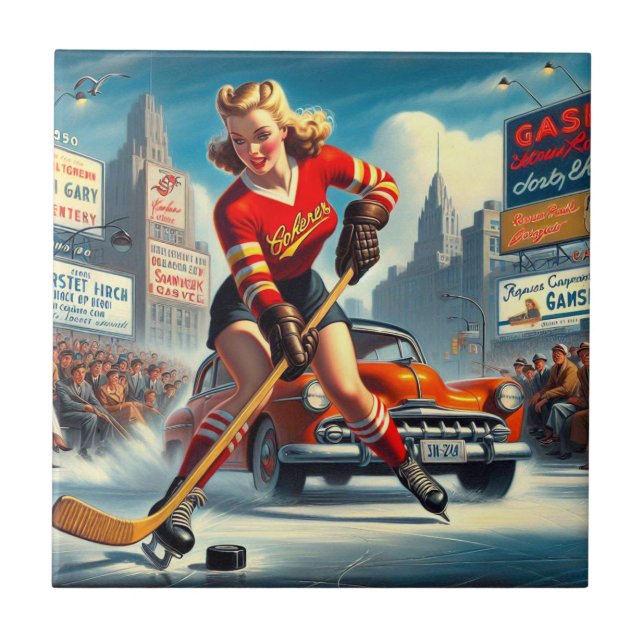 Carreau Vintage fille de hockey (Devant)