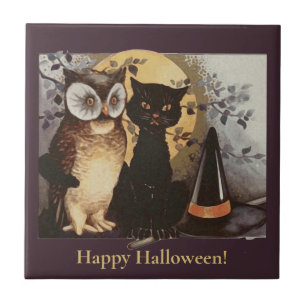 Carreau Vintage Halloween Chat noir et hibou sorcière Casq