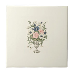 Carreau Vintage ivoire rose bleu mauve fleurs vertes