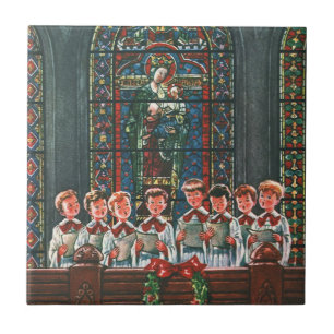 Carreau Vintage Noël Enfants chantant Chorale dans l'églis