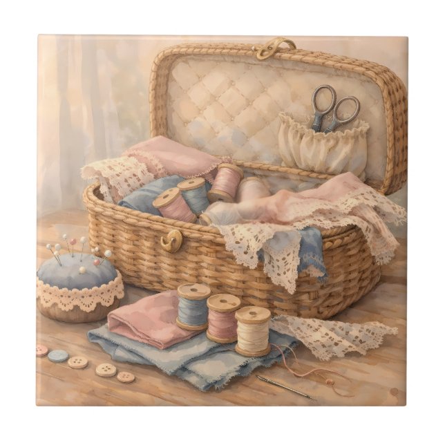 Carreau Vintage Sewing Basket Cottagecore Pastel (Devant)