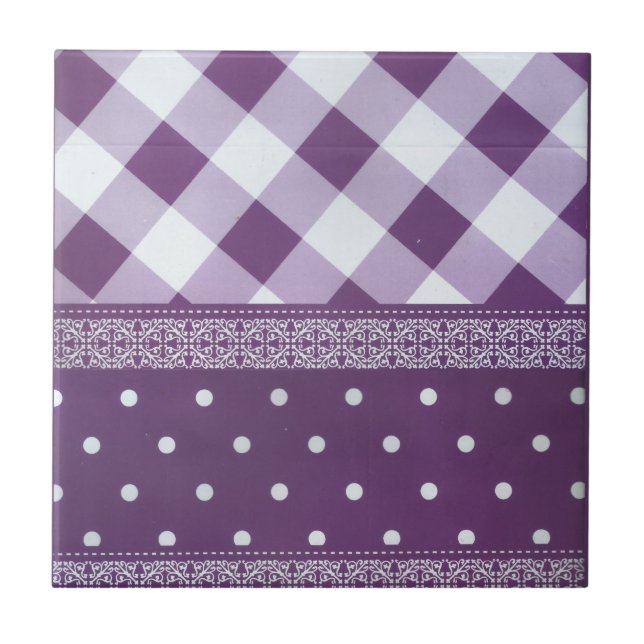 Carreau Violet blanc À damiers Polka Dot Floral Damask Art (Devant)