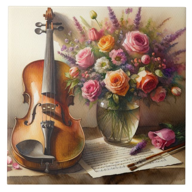 Carreau Violon, Partition et un Vase de Fleurs (Devant)