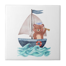 Voile Ours Aquarelle Nautique Vagues Sea Boy Baby