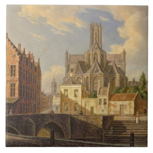 Carreau Vue de ville avec la figure pêche dans un canal