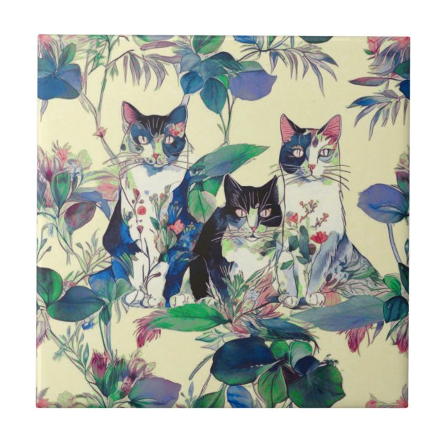 Carreau Watercolor Cats in a Garden (Devant)