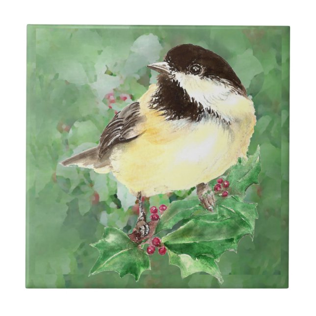 Carreau Watercolor Chickadee Bird Art de la faune (Devant)