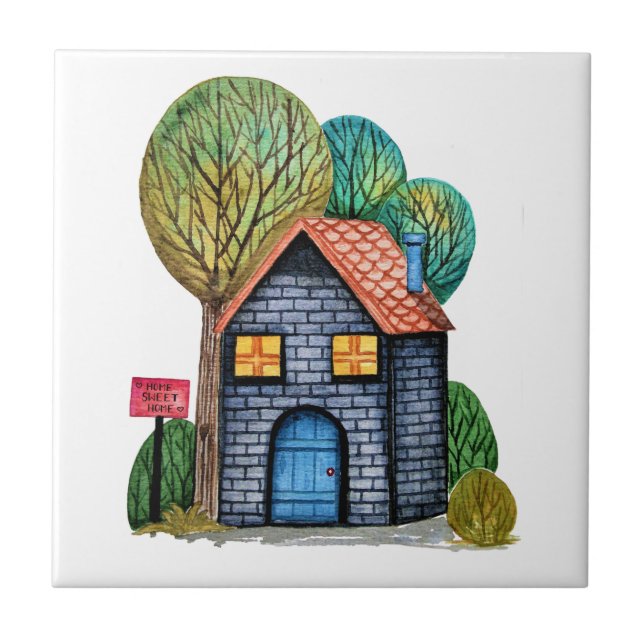 Carreau Watercolor cute Home Sweet Home Art (Devant)