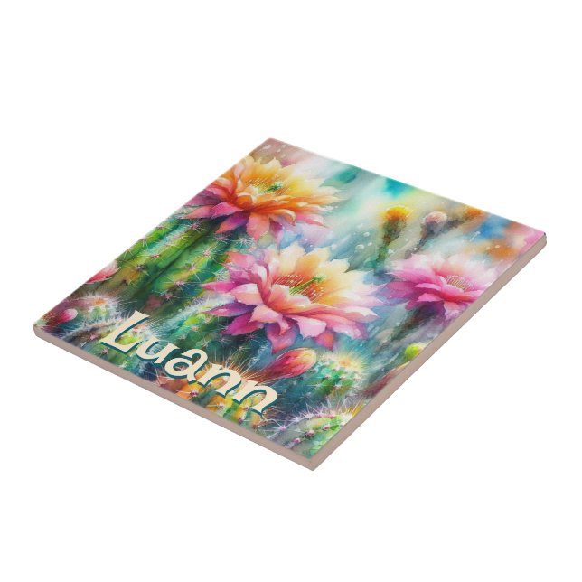 Carreau Watercolor Flowering Succulent Cacti Personalized (Côté)