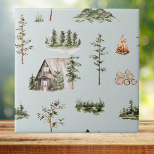 Carreau Watercolor Mountain Cabine Forest Motif sans coutu
