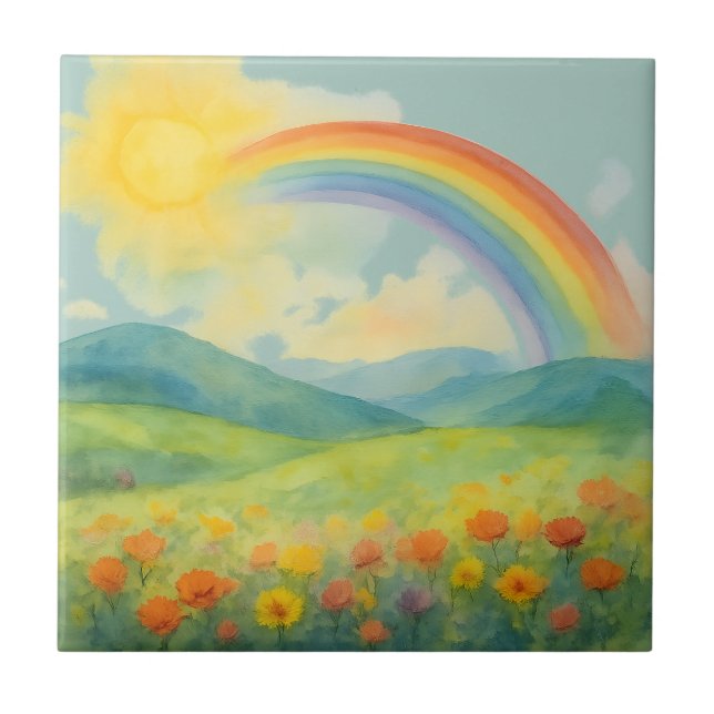 Carreau Watercolor Rainbow Landscape with Sun&Wildflowers (Devant)