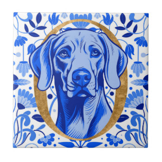 Carreau Weimaraner peering thru the letter "O" in Gold