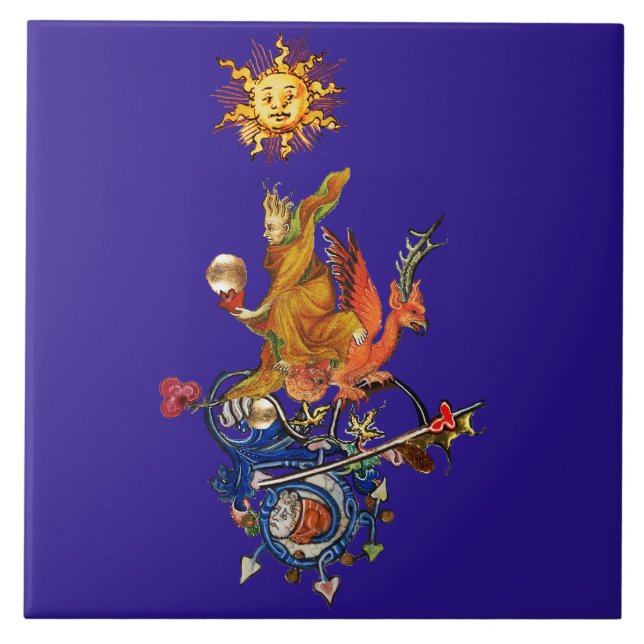 Carreau WEIRD MEDIEVAL BESTIARY,ALCHEMIST,RED DRAGON,Blue (Devant)