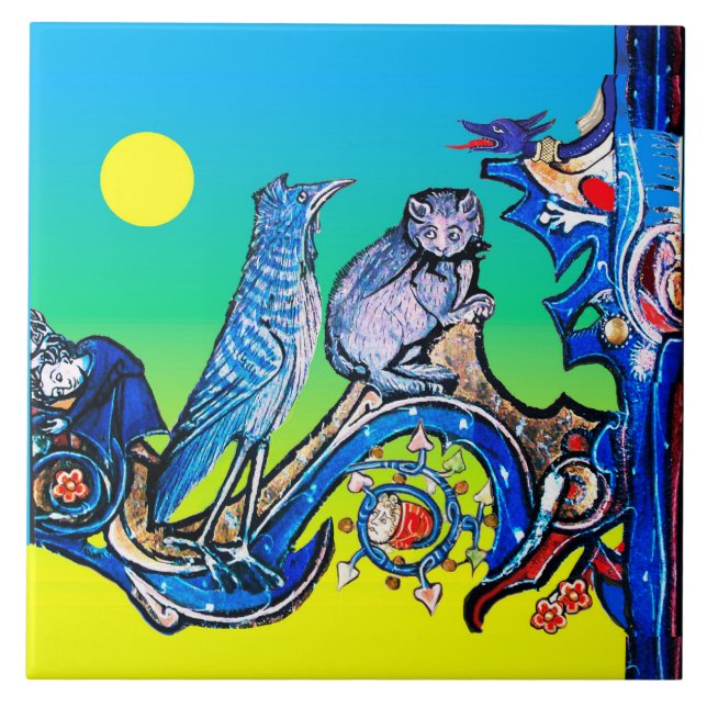 CARREAU WEIRD MÉDIÉVAL NUIT BLEUE CHAT, OISEAU DE CUCKOO (Devant)