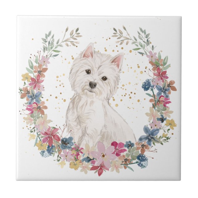 Carreau Westie Terrier Fleurs de printemps Wreath (Devant)