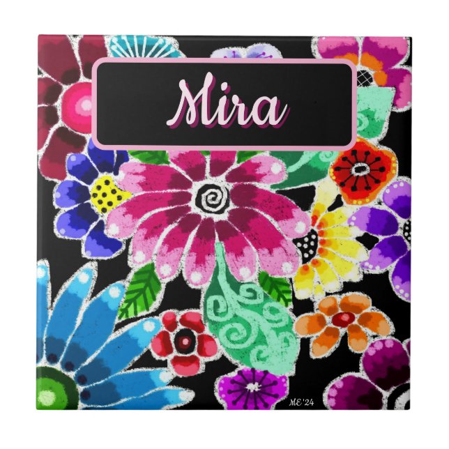 Carreau Whimsical Folk-Art Flowers Floral Personalized (Devant)