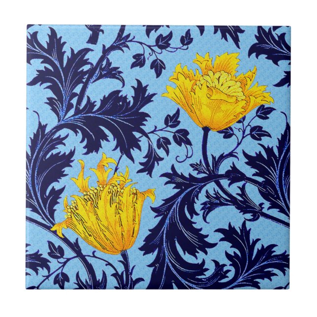 Carreau William Morris Anemone, Navy et Mustard Jaune (Devant)