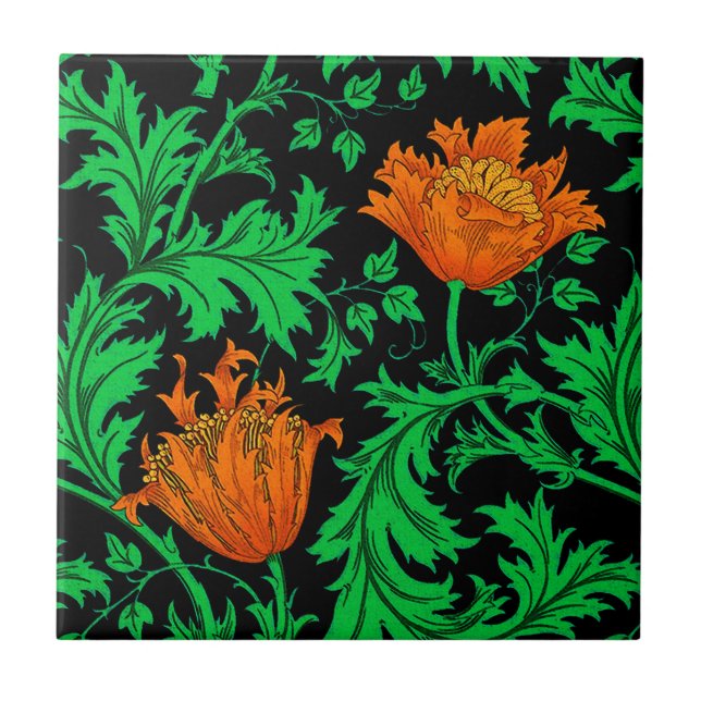 Carreau William Morris Anemone, orange, vert et noir (Devant)