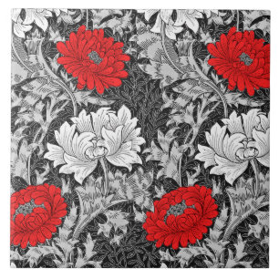 Carreau William Morris Chrysanthèmes, gris et rouge