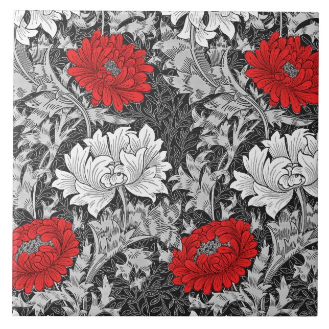 Carreau William Morris Chrysanthèmes, gris et rouge (Devant)