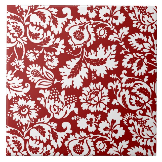 Carreau William Morris Floral Damask, blanc sur rouge prof (Devant)