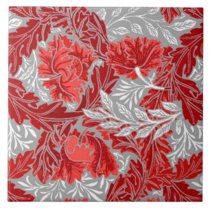Carreau William Morris floral, rouge-foncé et gris/gris