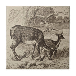 Carreau Wm Wise Minton Doe et Fawn Deer Antique Repro Sepi