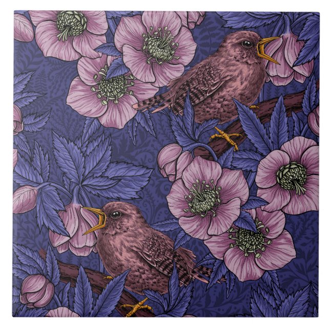 Carreau Wren et hellebore, violet et rose (Devant)