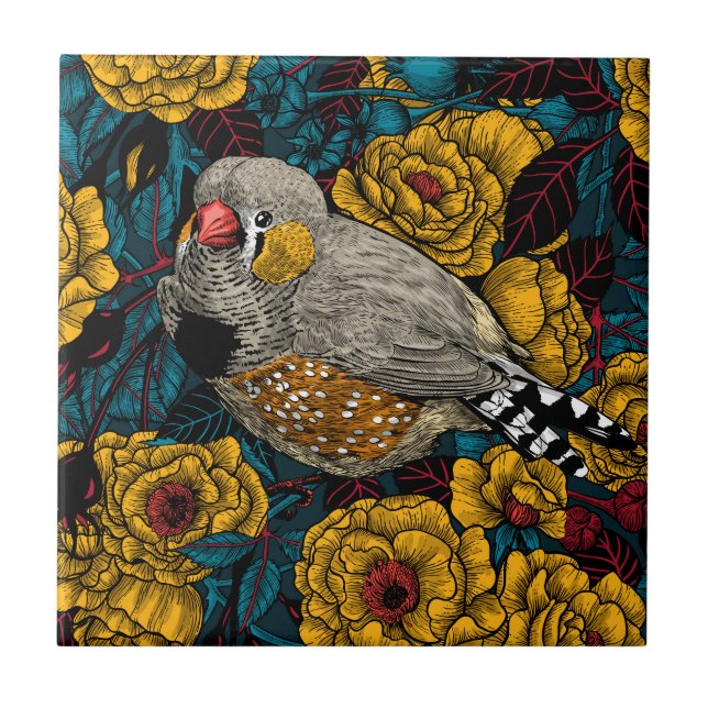 Carreau Zebra finch et buisson rose (Devant)