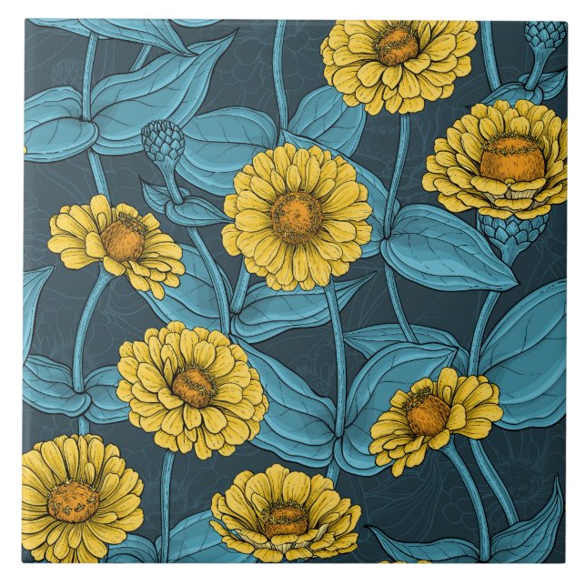 Carreau Zinnias jaune sur bleu foncé (Devant)