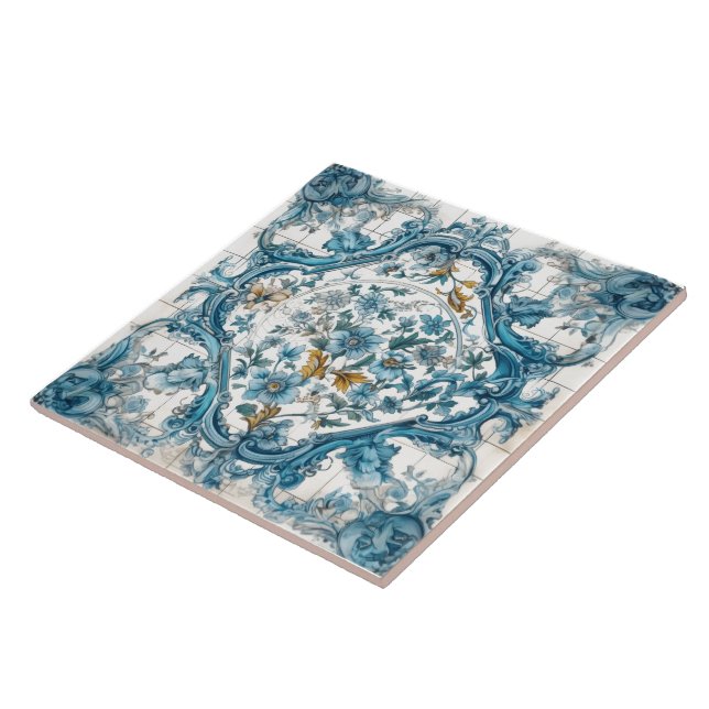 Carreaux artisanaux bleu floral (Côté)