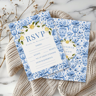 Carreaux bleu italien citron fleur mariage cartes 