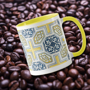 Carreaux bleu-jaune géométrique Motif café Mug