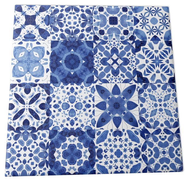 Carreaux Bleus Bleu Méditerranéen Motif Aquarelle (Blue and white watercolor 
Mediterranean tile pattern ceramic tile)