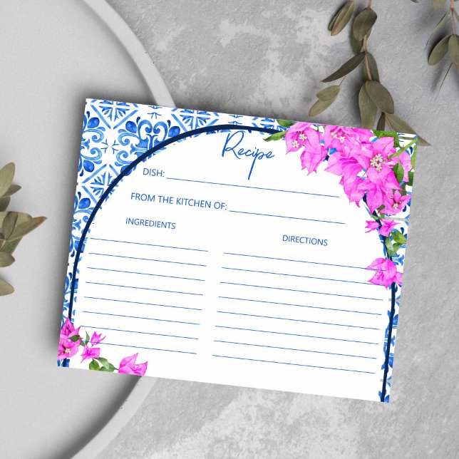 Carreaux bleus Bougainvillea Méditerranée Carte de (Blue Tiles Bougainvillea Mediterranean bridal shower Recipe card Italian Greek bridal shower)