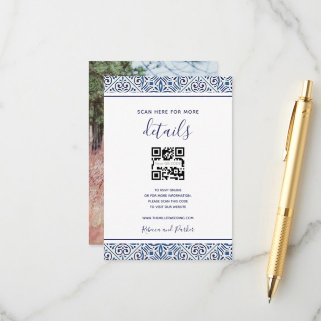 Carreaux bleus Détails du mariage QR carte d'inser (Devant/Arrière en situation)