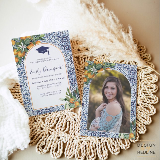 Carreaux bleus Graduation Invitation Photo sur le  (Créateur téléchargé)