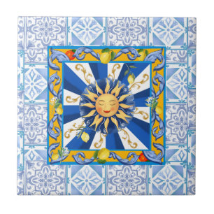Carreaux bleus, mosaïque, majolica, citron,