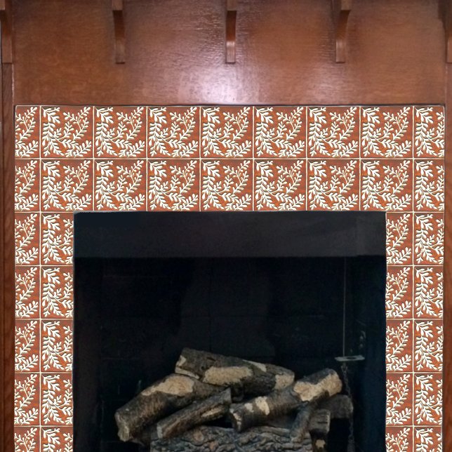 Carreaux de céramique décorative, rouille et feuil (Rust and white tile shown on a craftsman fireplace.)