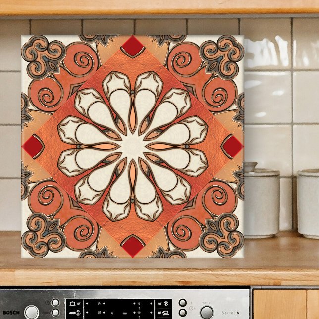 Carreaux de céramique géométrique Motif terrestre  (Tile featuring an abstract floral geometric pattern in Moroccan Mediterranean style in earth tones)