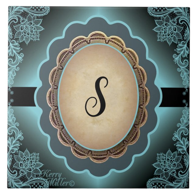 Carreaux en céramique Monogram dentelle Turquoise  (Devant)