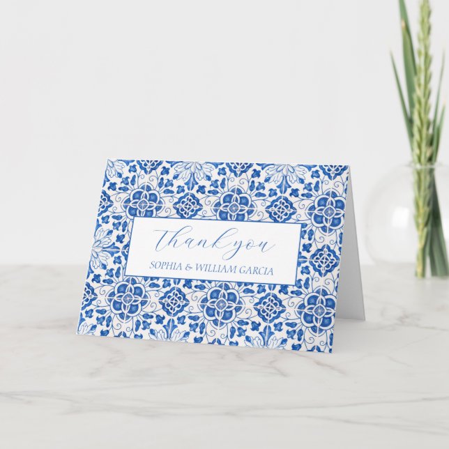Carreaux portugais Bleu Floral Mariage Merci (Devant)