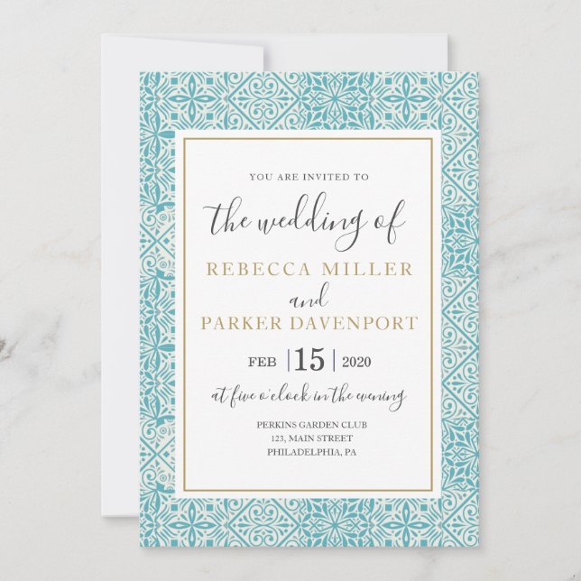 Carreaux turquoise et Faire-part de mariage or (Devant)