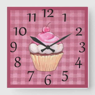 Carrée Adorable horloge rose En vichy Cupcake Mur