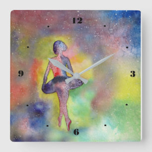 Carrée Aquarelle Ballerina Space Wall Horloge